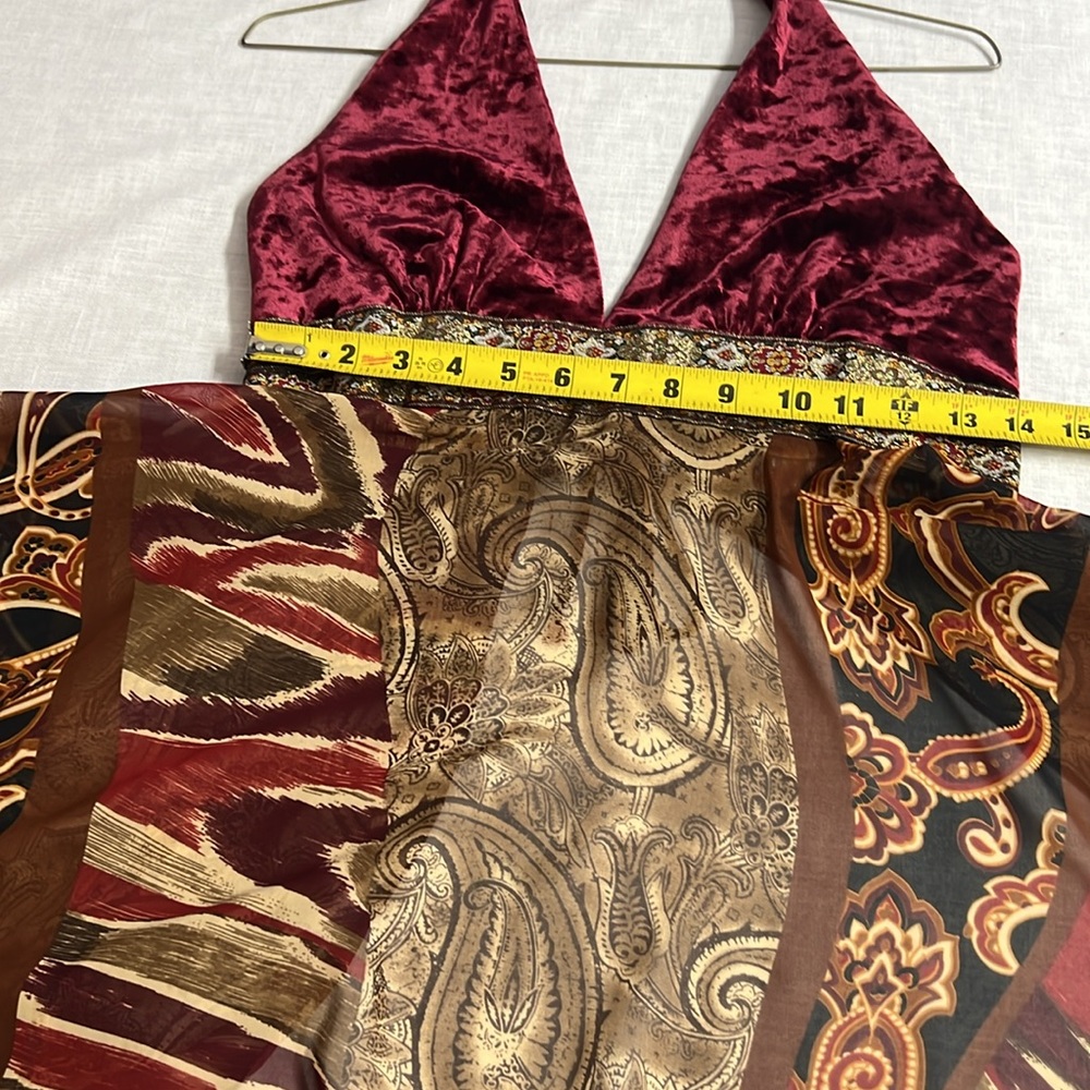 🌞 Miss Me Vintage velvet maroon halter sheer tunic open/lace-up back women S - Picture 10 of 16